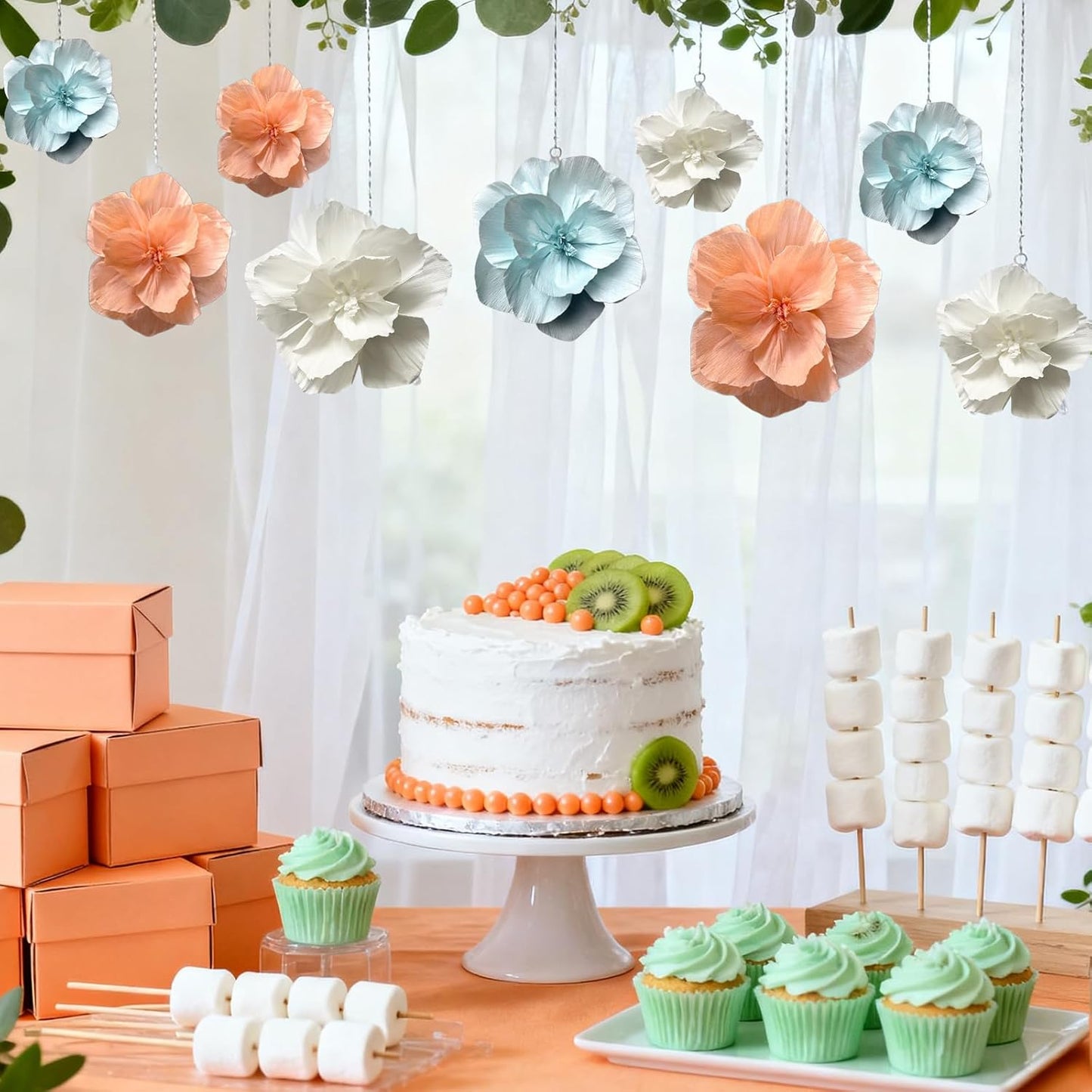 BRT Bearingshui Crepe Paper Flowers Decoration for Wall Total 9 Pcs, Artificial Flowers Backdrop for Wedding Decor Baby Bridal Shower Birthday Party, Mint Coral White 3D Wall Flowers Decor