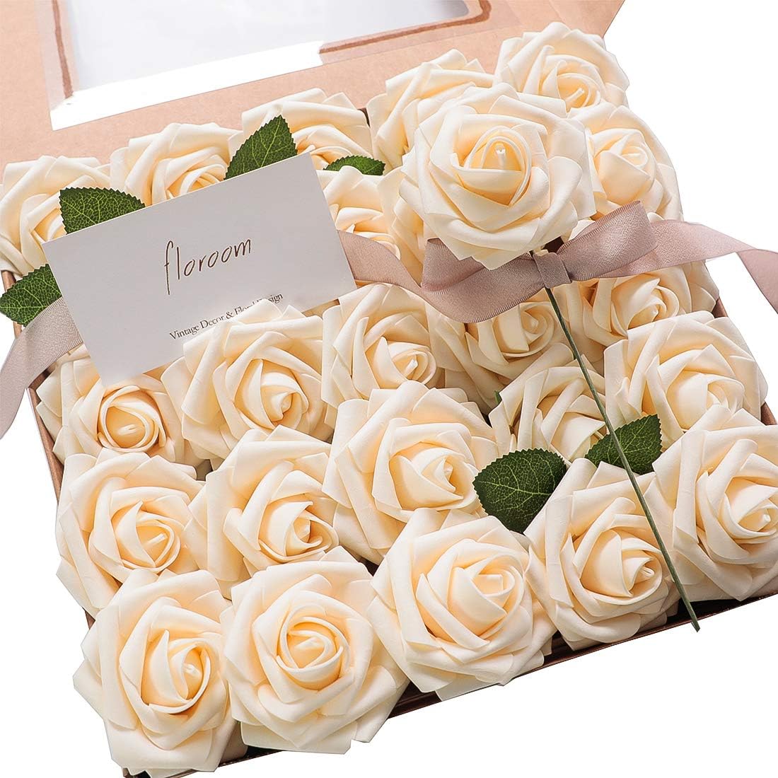 Floroom Artificial Flowers 25pcs Real Looking Champagne Foam Fake Roses with Stems for DIY Wedding Bouquets Bridal Shower Centerpieces Floral Arrangements Party Tables Home Decorations