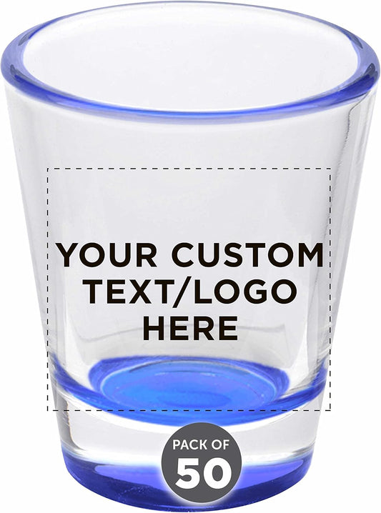 Custom Shot Glasses 1.75 oz. Set of 50, Personalized Bulk Pack - Great for Wedding Favors, Bachelorette Party Decorations, Party Fovors, Color Bottom - Blue