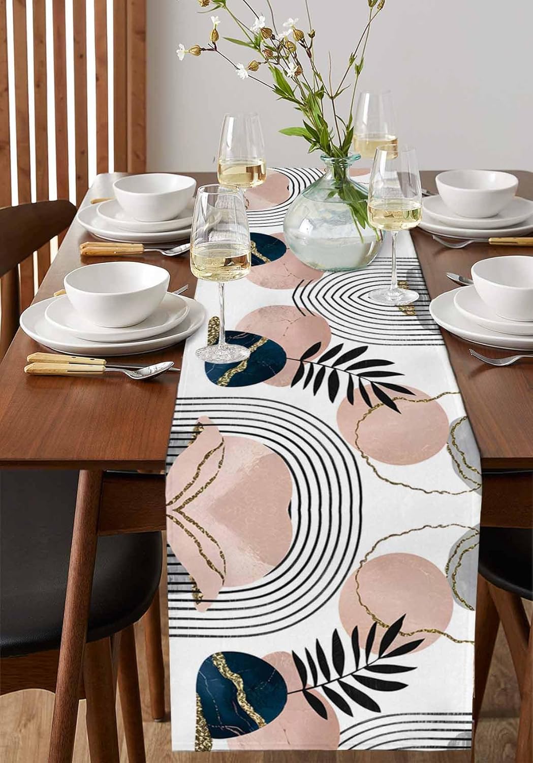 Modern Boho Cotton Linen Table Runner for Dining Kitchen, Wedding Outdoor Party Tablerunners Decoration, Abstract Bohemian Tropical Palm Leaf Dresser Scarf Coffee Tablecloth Runners 13x120 Inches