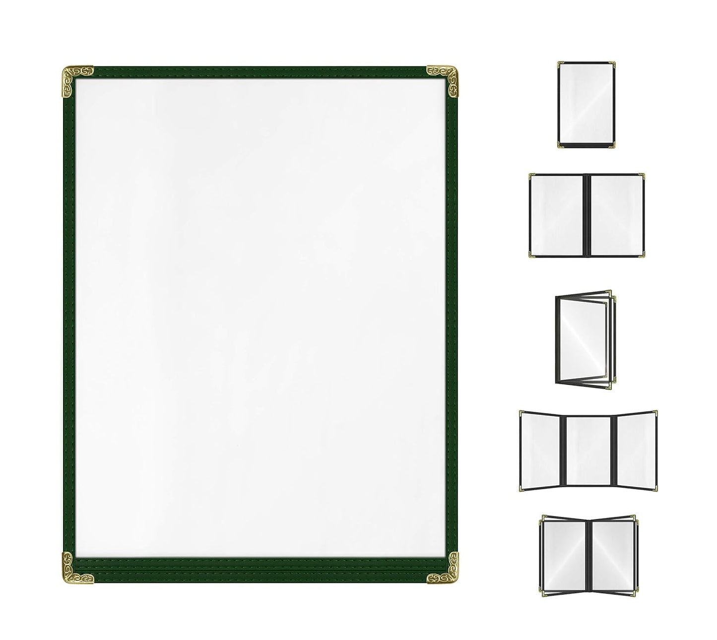 Goodsmart Restaurant Menu Covers - Green, 25 Pack, 8.5" x 11", 1-Page/2-View, Top-Loading Vinyl Menu Holders, Clear Sleeves, Double-Stitched Edge, Leather-Style Café Covers with Gold Corners