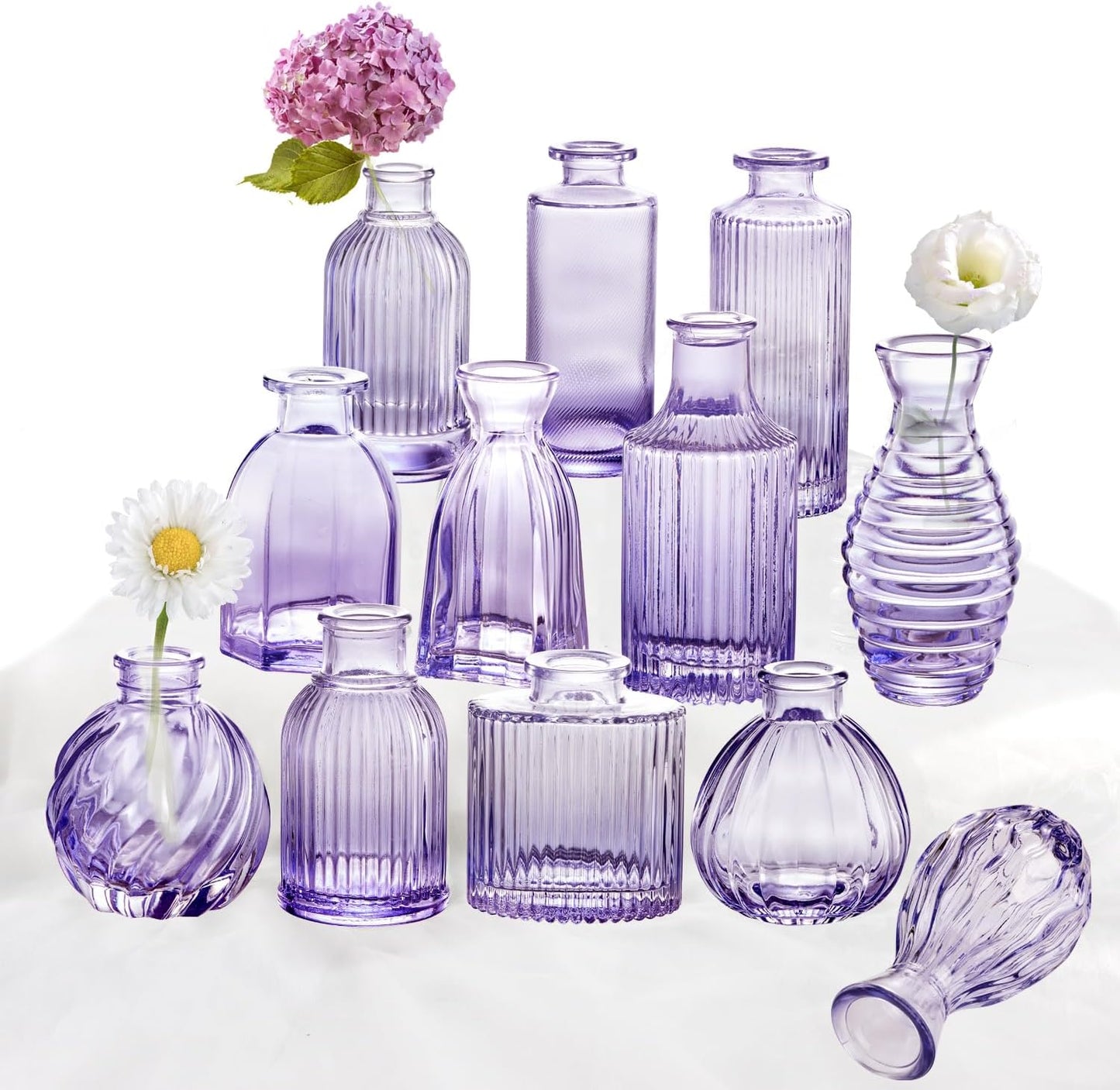 Glass Bud Vases Set of 12, Small Purple Vase Glass Vases for Flowers Modern Ribbed Colored Bud Vase for Decor Wedding Flower Vase in Bulk Vintage Decor Bridal Shower Centerpieces Home Table Decoration