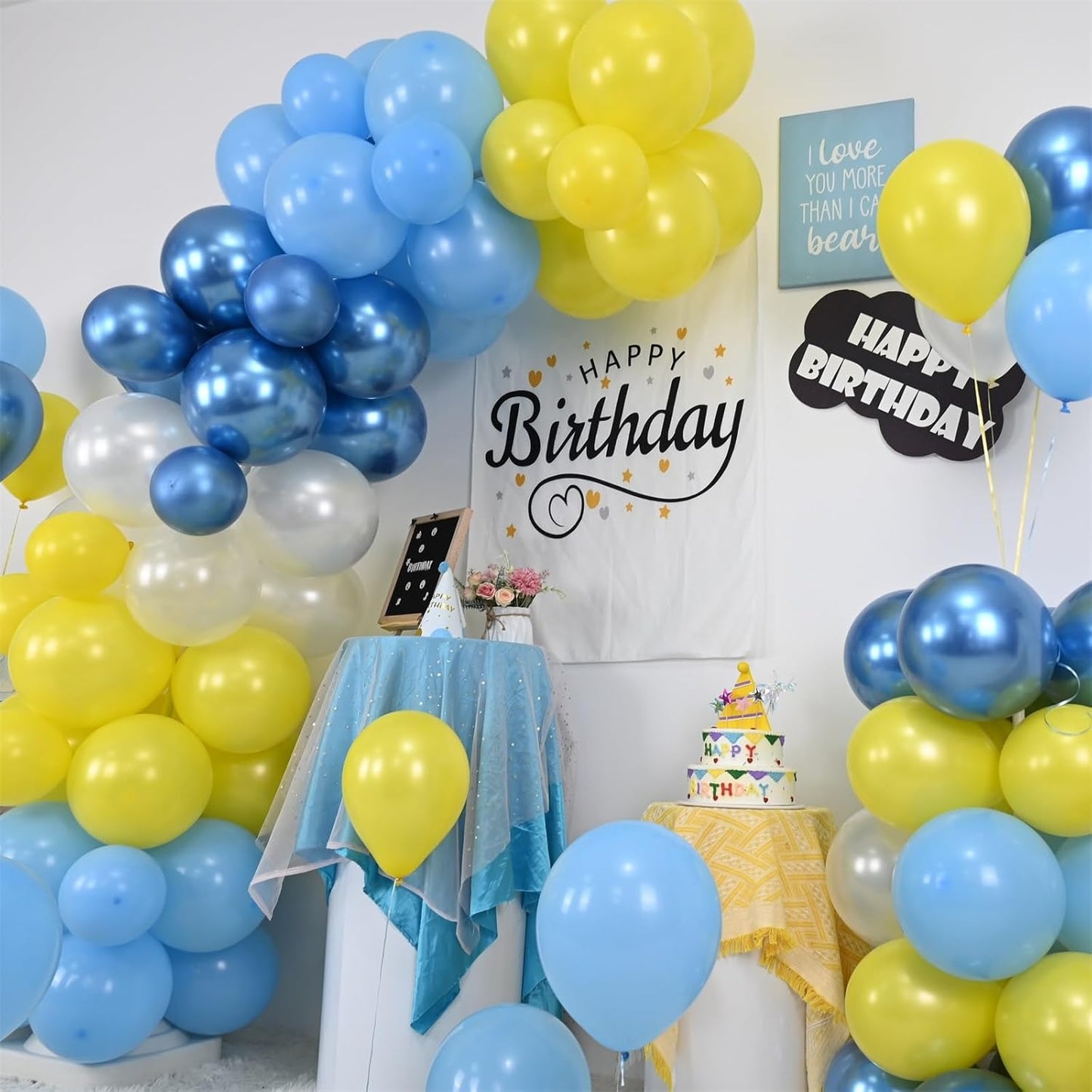Blue and Yellow Balloons Set, 60Pcs 12 Inch Lemon Yellow Pastel Baby Sky Metallic Blue White Latex Balloons for Birthday Baby Bridal Shower Cartoon Party Deocrations Supplies
