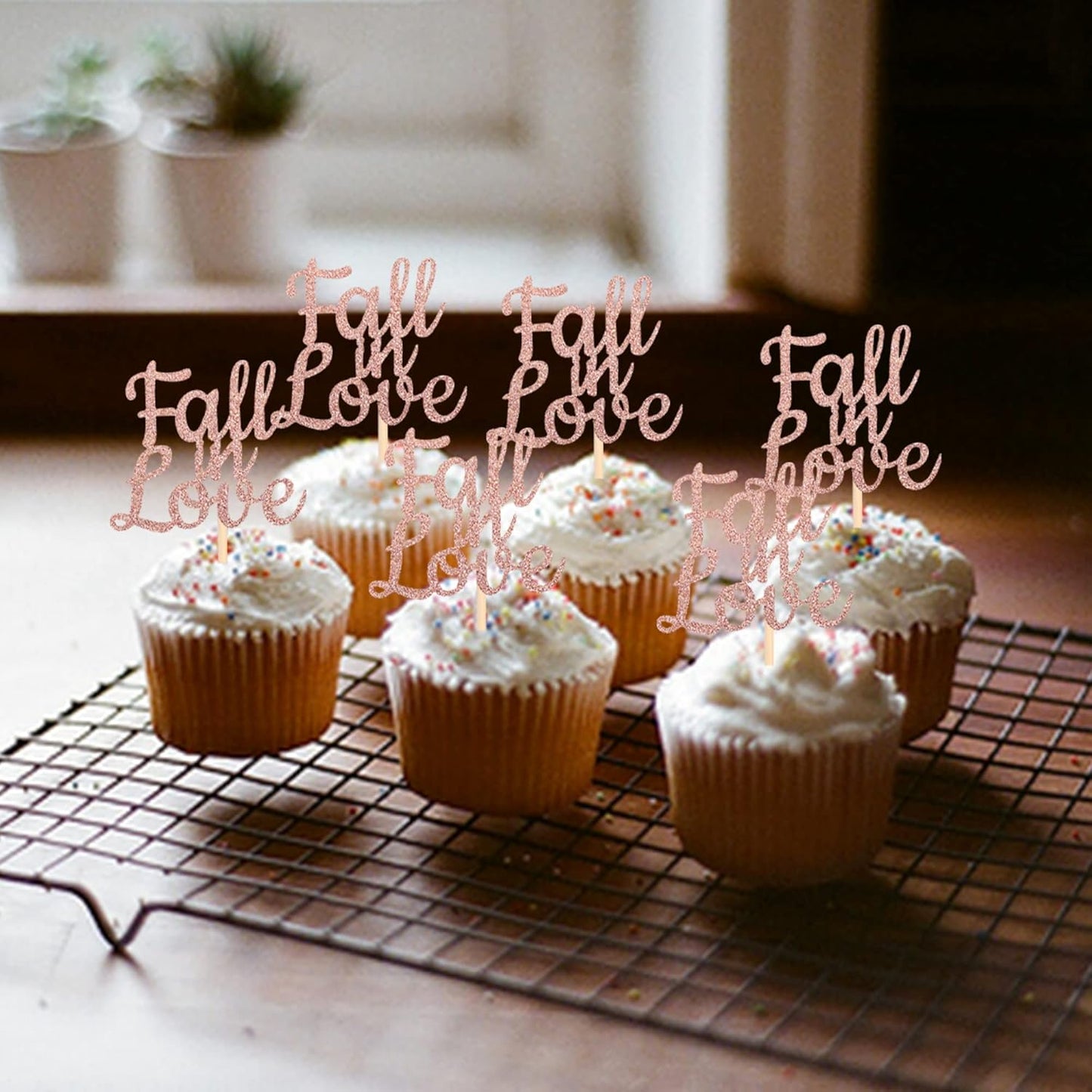 24 PCS Fall in Love Cupcake Toppers Glitter Bridal Shower Cake Picks Decorations for Wedding Engagement Anniversary Birthday Party Supplies Rose Gold