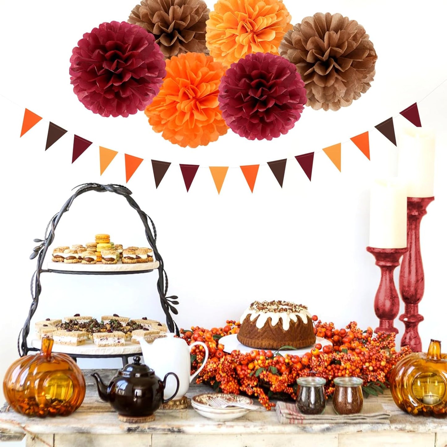 Boho Baby-Shower Burgundy-Brown Orange Party-Decorations - 23pcs Thanksgiving Fall Autumn Tissue Pom Poms Streamers,Neutral Birthday Rustic Wedding Bridal Engagement Tassel Garland Banner Ouruola