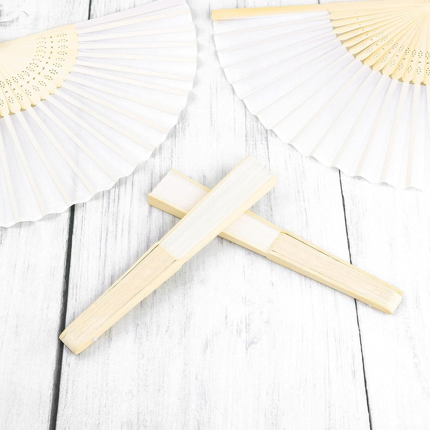 URATOT 48 Pieces White Folding Fans Silk Bamboo Folding Fans Handheld Fan for Wedding, Party Decoration