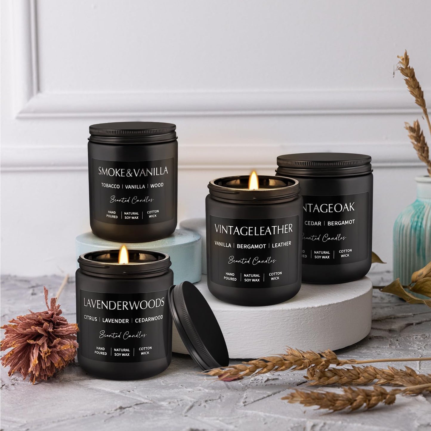 4Psc Scented Candles Set,7oz Gifts for Men Aromatherapy,Soy Candle of Smokeless - Leather & Smoke, Vanilla Oakmoss, Lavender - Relaxing Fragrance for Home, Office, Yoga(Black)
