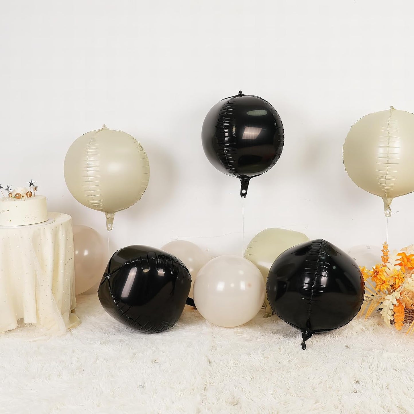 6Pcs Black Sand White Round Foil Balloons,Giant 4D Round Ball Balloon,22 Inch Balloons for Birthday Wedding Bridal Shower Bachelorette Party Decorations