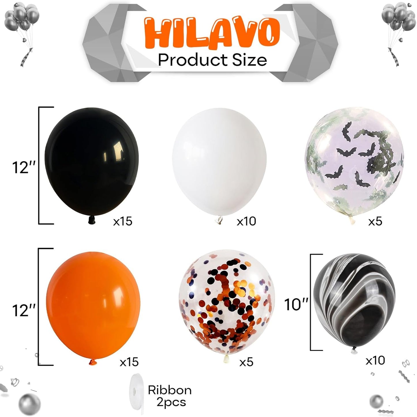 Orange and Black Halloween Balloons Set, 60Pcs 12 Inch Orange Black Marble White Latex Balloons with Bats Orange Black Confetti Helium Balloon for Happy Halloween Birthday Party Wedding Decorations