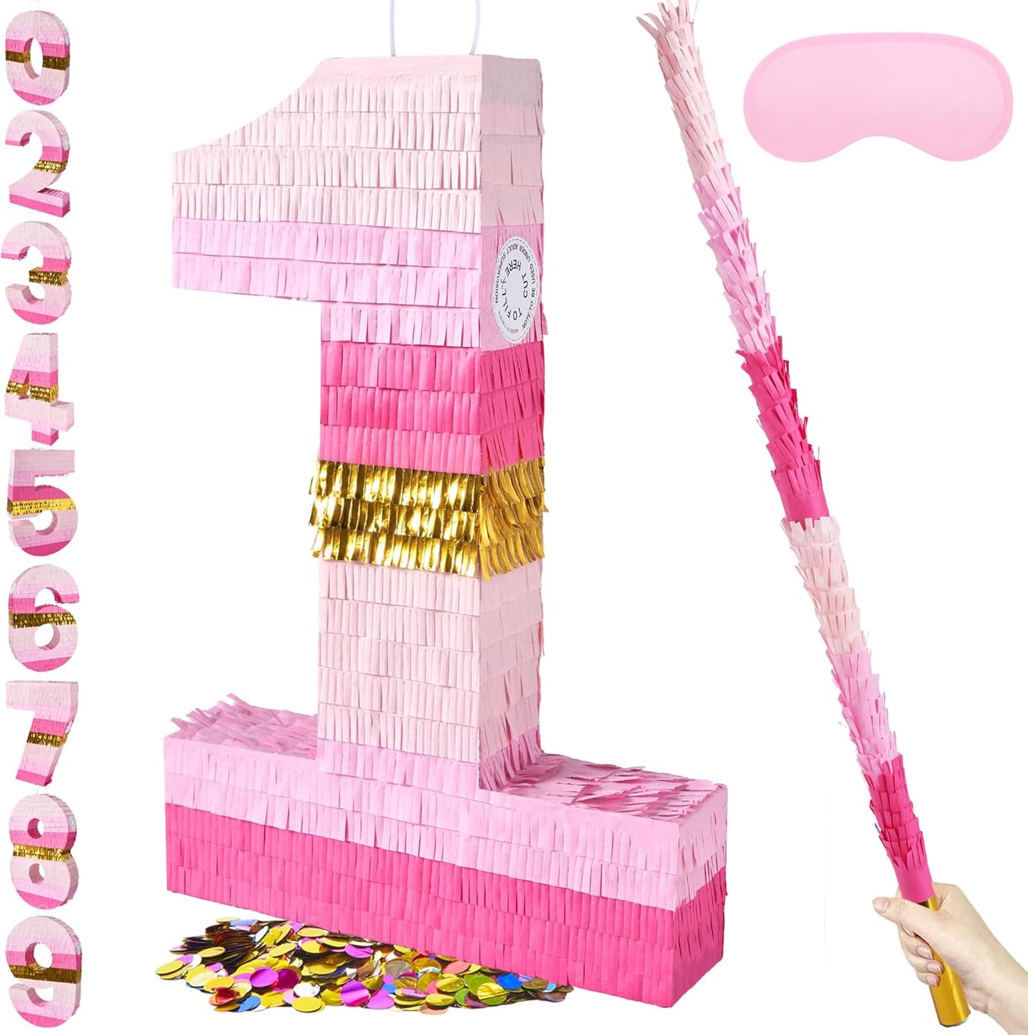 PCFING 20 Inch Number 1 Piñata Pink Gold with 30 Inch Piñata Stick Blindfold Confetti for Boys Girls Adults Birthday Party Decorations, Anniversary Celebration, Fiesta