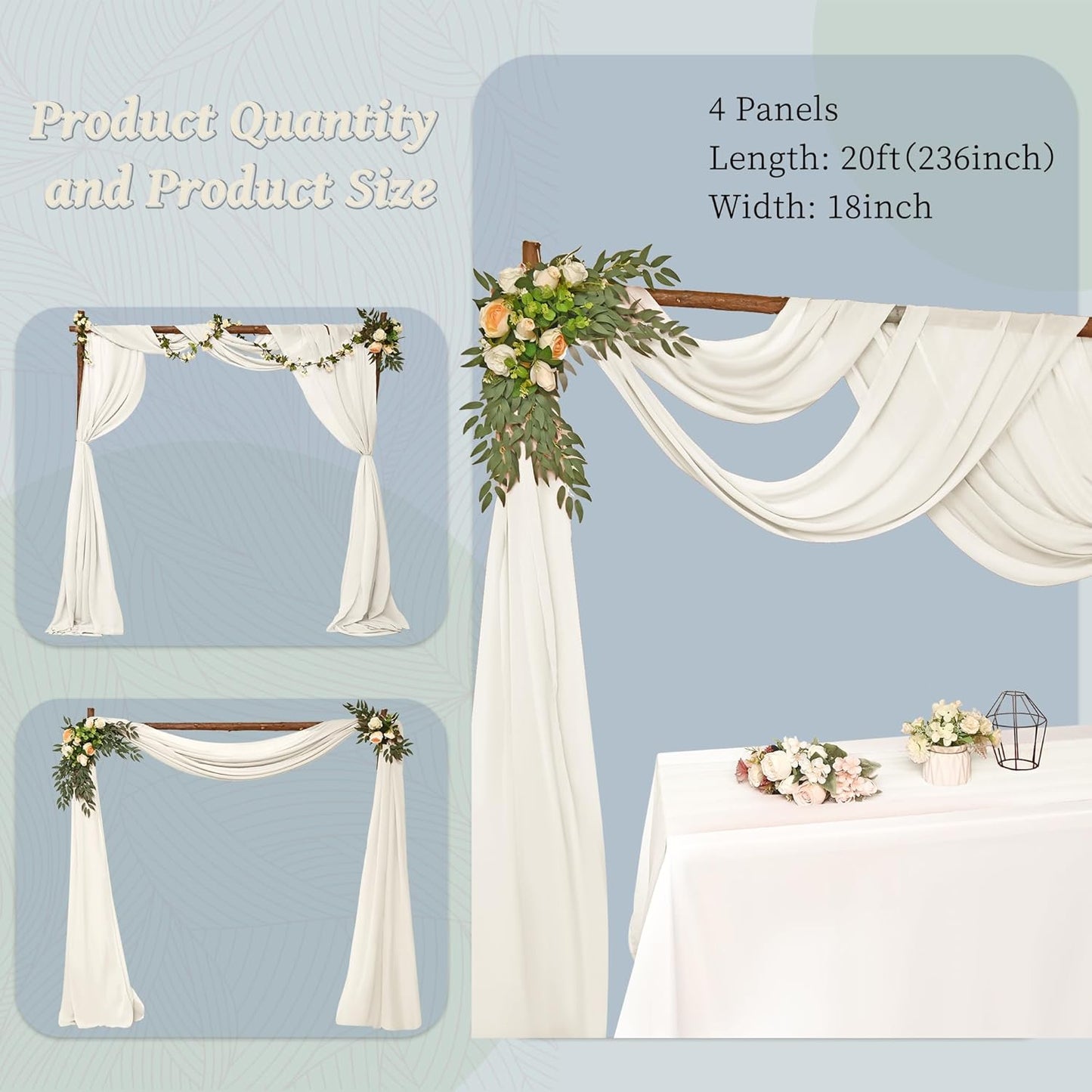 8 Panels Wedding Arch Draping Fabric 28" x 20Ft Wedding Arch Drapes Chiffon Fabric Drape Sheer Backdrop Curtain for Weddings Party Swag Ceremony Birthday Arbor Drapery Reception Ceiling Décor(Ivory)