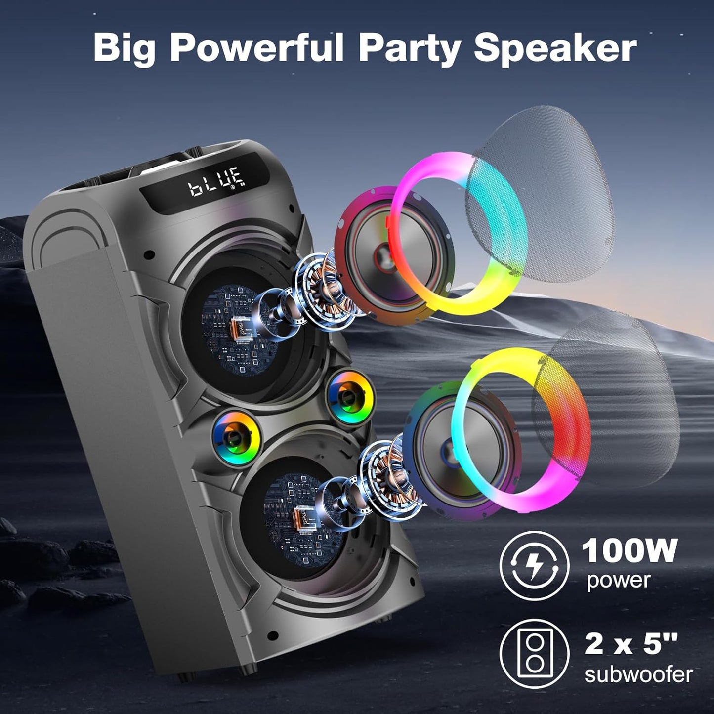 Portable Bluetooth Speaker 100W Big Powerful Wireless Boombox TWS Pairing Loud Stereo Sound Deep Bass Large Party Speakers with Subwoofer LED Lights for Outdoor Home Camping
