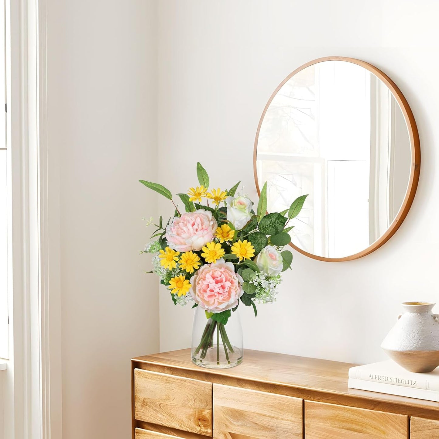 Briful Artificial Flowers in Vase, Mixed White Rose Pink Peony Yellow Daisy and Greenery Leaf Floral Arrangements, Fake Flowers in Glass Vase with Faux Water, Home Wedding Patio Centerpiece Decor