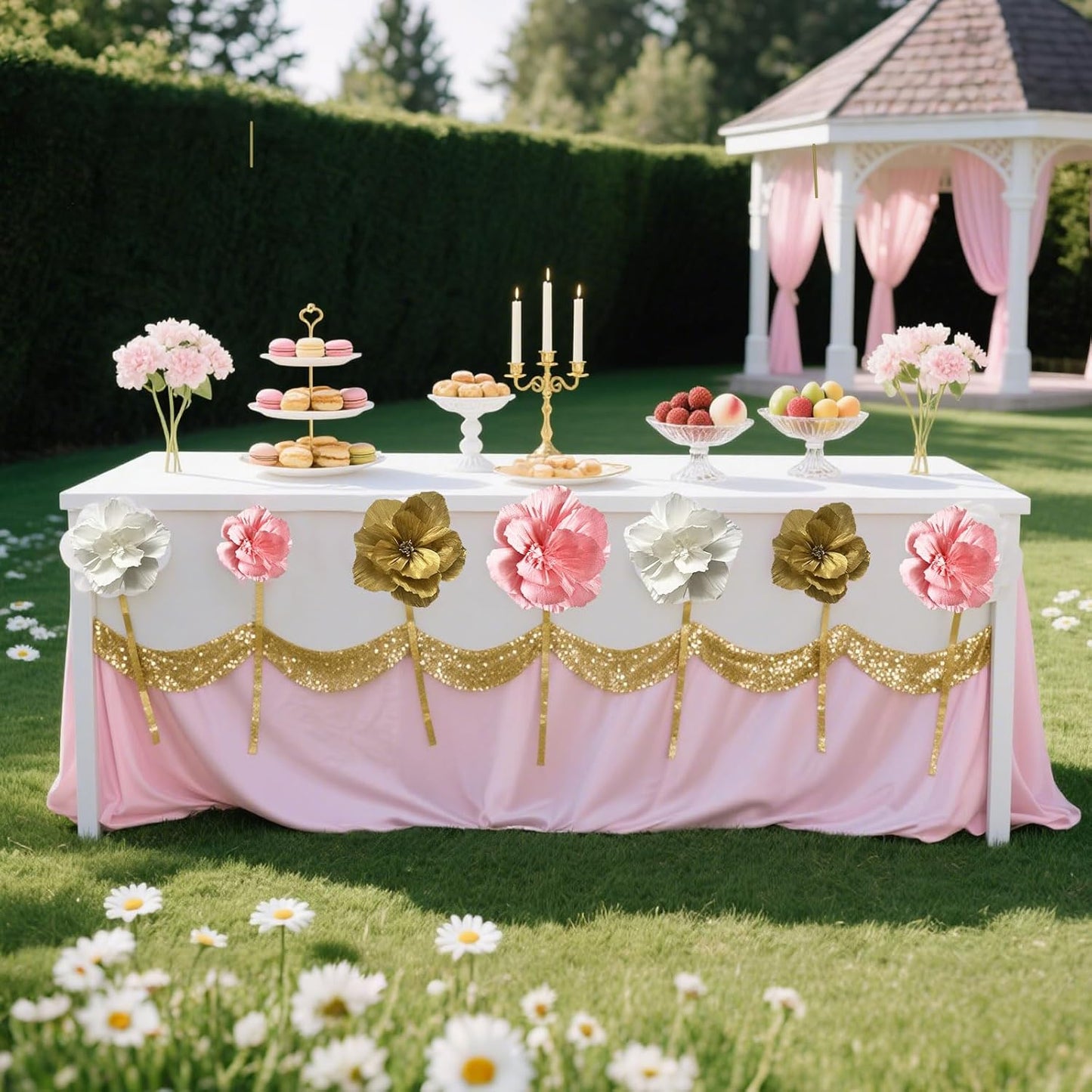 BRT Bearingshui Crepe Paper Flowers Decoration for Wall Total 9 Pcs, Artificial Flowers Backdrop for Wedding Decor Baby Bridal Shower Birthday Party, Pink White Gold 3D Wall Flowers Decor