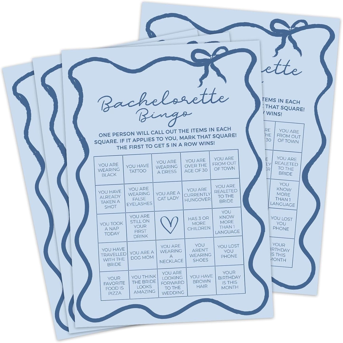 DEEKA 30 PCS Bridal Shower Games Card for 30 Guests Blue Wavy Border Ribbon Bow Funny Wedding Bachelorette Party Games for Reception (Bachelorette Bingo)