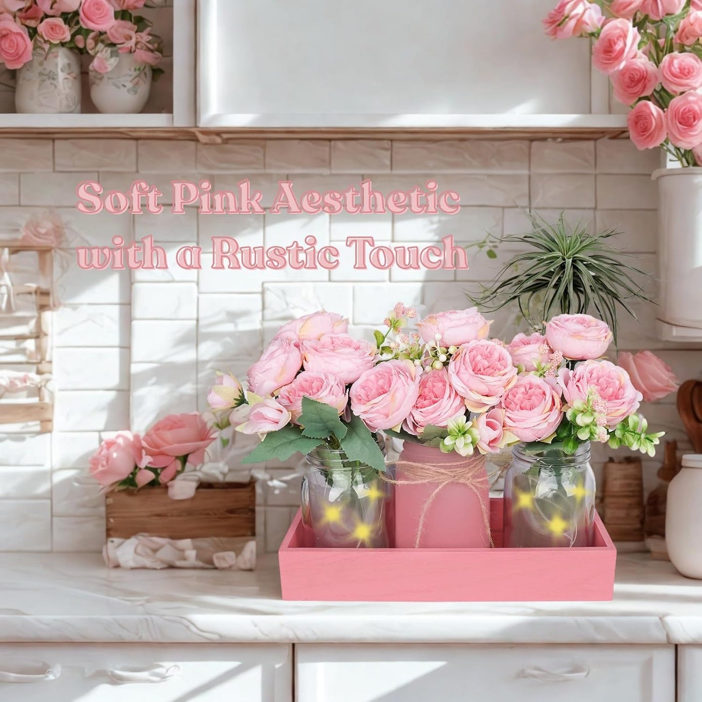 Rustic Pink Mason Jar Centerpiece with Faux Peony Flowers – Floral Decor for Home, Wedding, Kitchen, Table, Office – Farmhouse Tray Vase Set