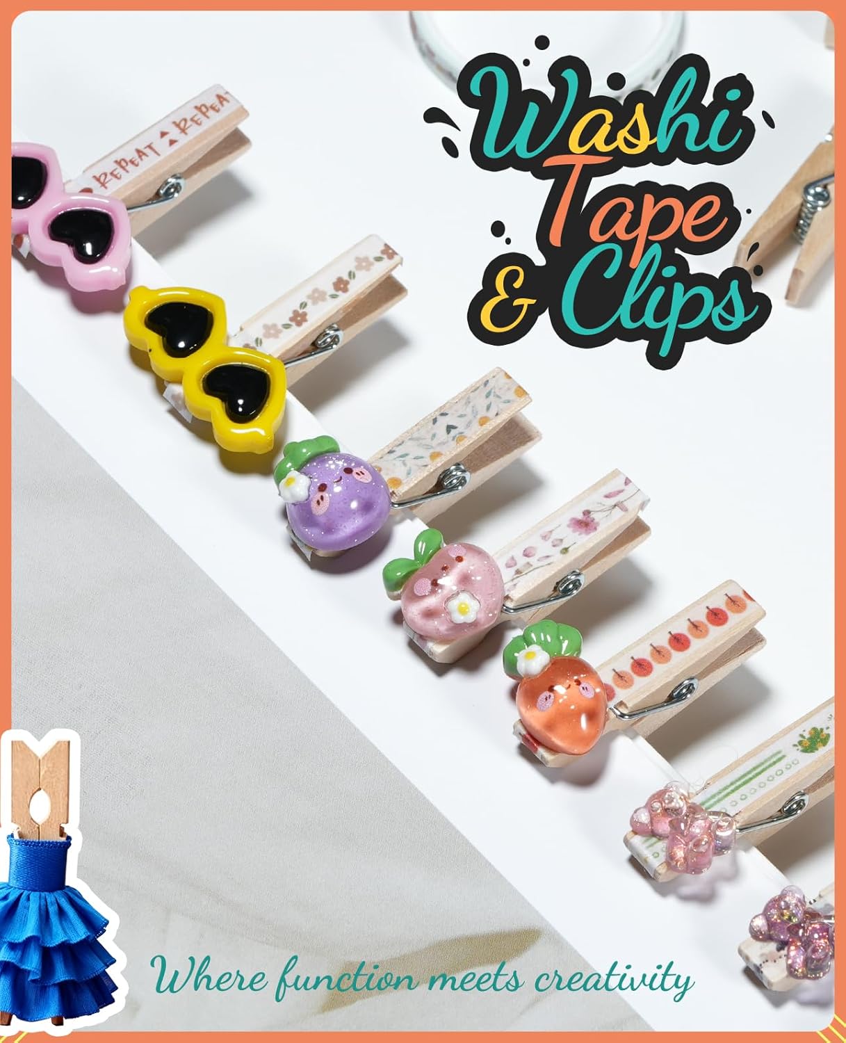 Mini Clothespins, Sopito 100 Pcs 1.4'' Strong Wooden Mini Clips for Photos with 10 Pcs Washi Tapes and 43 Ft Jute Twine, Colorful Small Clothes Pin for Picture, Crafts, Baby Shower