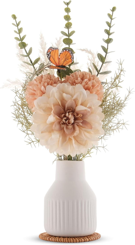 Small Fake Flowers in Vase 14" Centerpiece Table Decorations Silk Flowers Arrangements Ceramic Vase Dahlia Chrysanthemum Artificial Flowers Bouquet for Bathroom Dining Room Kitchen Wedding (White)