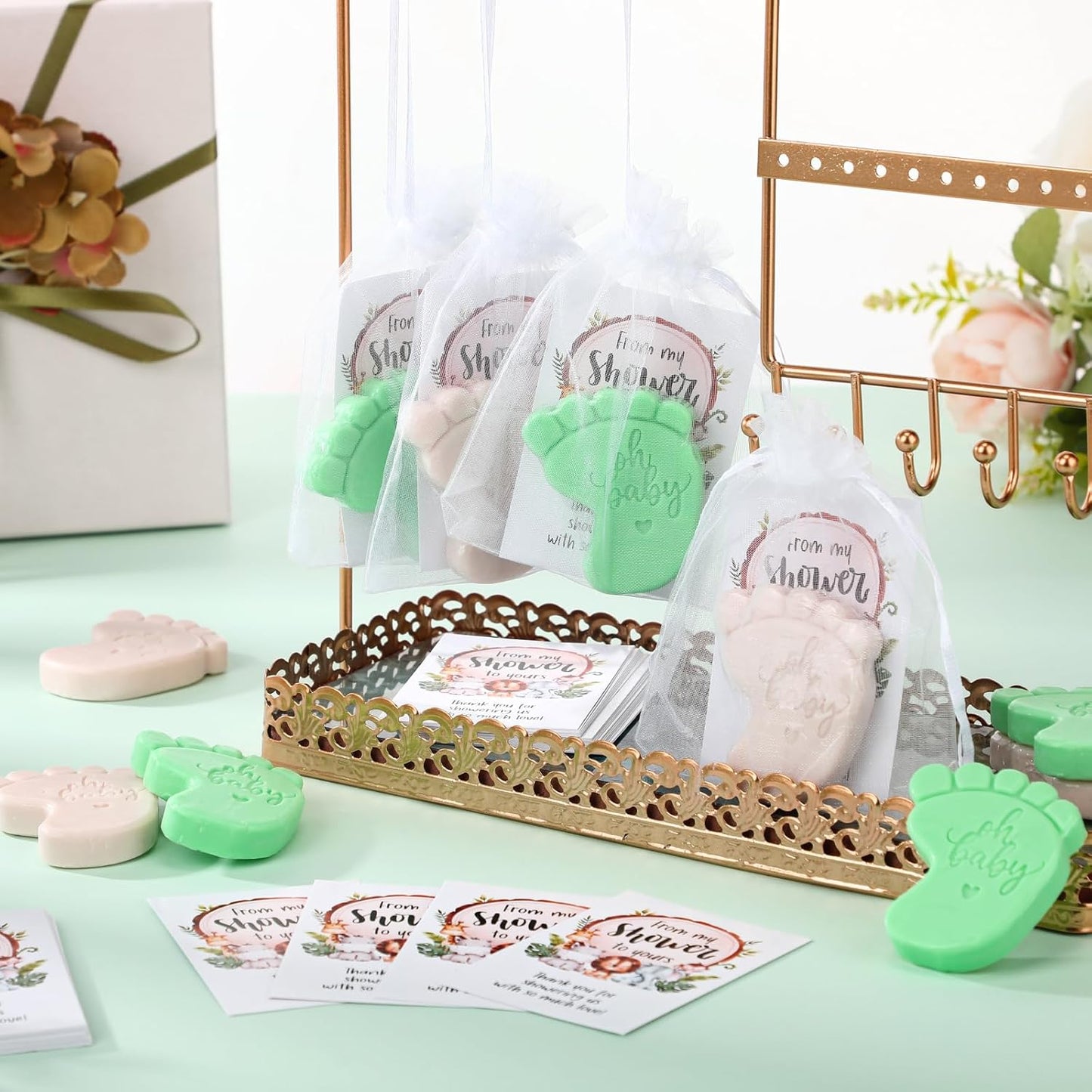 50 Sets Baby Shower Soap Favors for Guests - Mini Handmade Footprint Scented Soap with Thank You Cards and Organza Bag, Party Gifts for Gender Reveal Baptism Shower(Gray and Light Green)