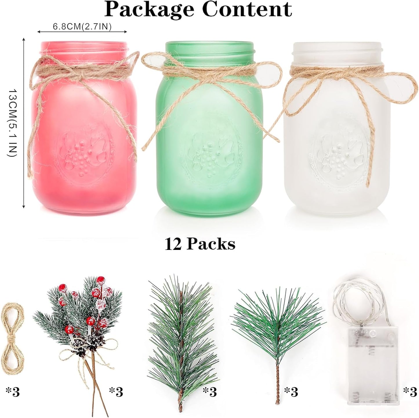 CNVOILA Christmas Centerpiece, Christmas Decor Mason Jars, Mantle Centerpiece Table Decorations, Holiday Table Centerpieces Bulk, Home Mantle Decor, Coffee Table Christmas Decor – 3PC