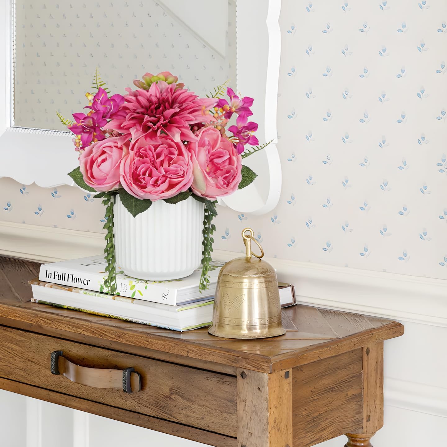 Briful 13" Faux Flower Arrangement in White Ceramic Vase – Pink Artificial Peony & Dahlia Silk Flower Centerpiece with Succulent Fake Potted Flowers for Home Office Tabletop Wedding Decor