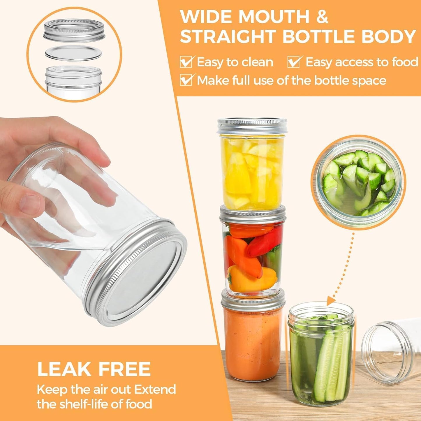 ComSaf Wide Mouth Mason Jars 16 oz with lids - 4 Pack, Pint Mason Jars with Seal Bands, Glass Canning Jars for Honey, Jam, Jelly, Coffee, Salad, Desert, Shower Wedding Favors, DIY Candles Decor