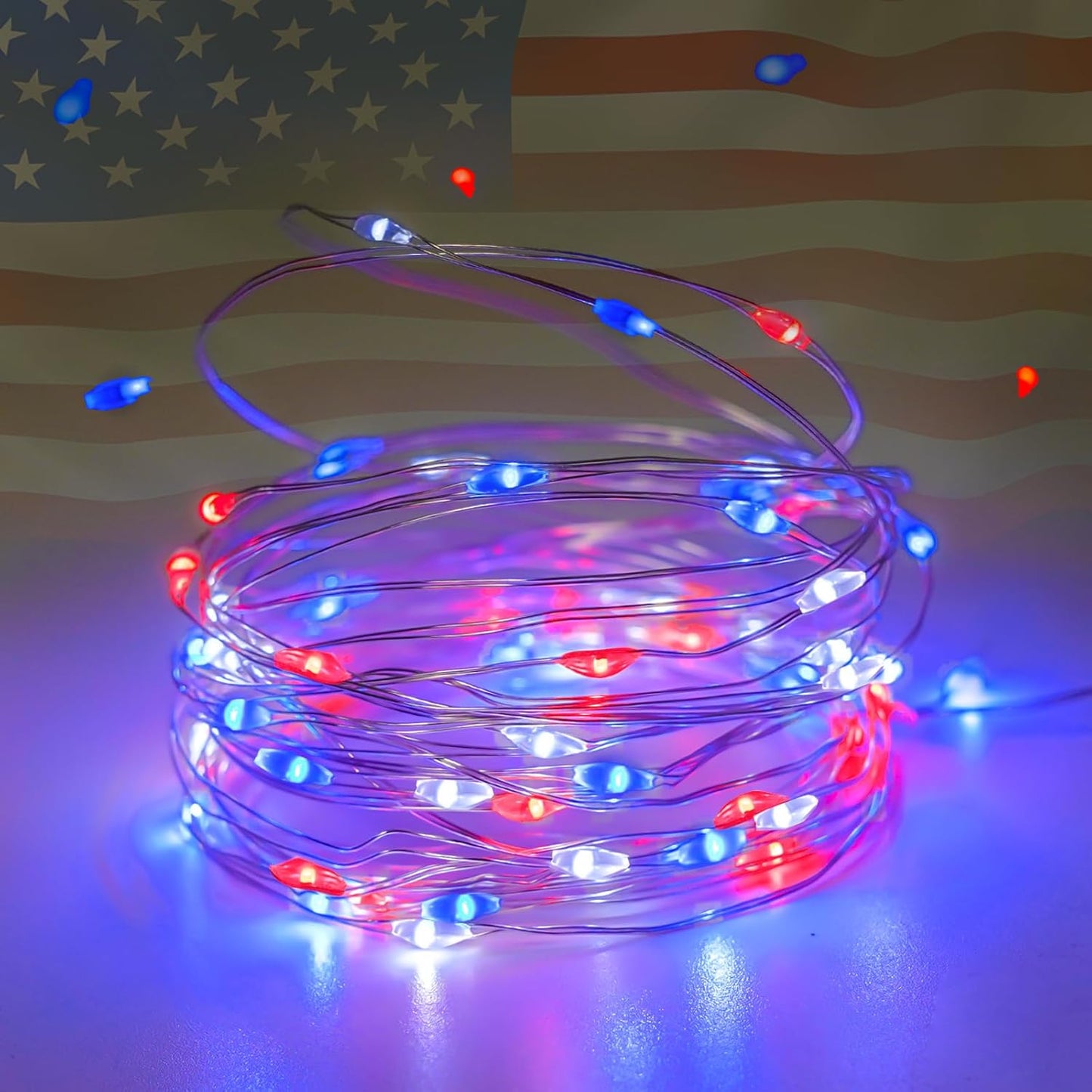 Christmas Fairy Lights Decorations, 4-Pack Red White and Blue Battery Operated Lights with Timer, Waterproof 16FT 50 LED String Light Indoor Outdoor for Xmas Tree Party Home Memorial Day DIY Decor