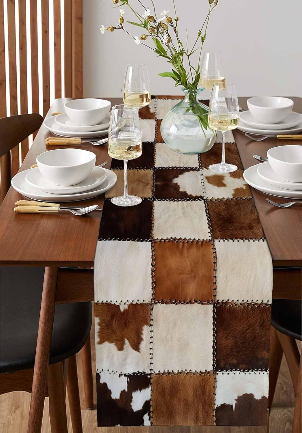 Abstract Cowhides Cotton Linen Table Runner for Dining Kitchen, Wedding Outdoor Party Tablerunners Decoration, Brown Beige Animal Fur Texture Dresser Scarf Coffee Tablecloth Runners 13x90 Inches