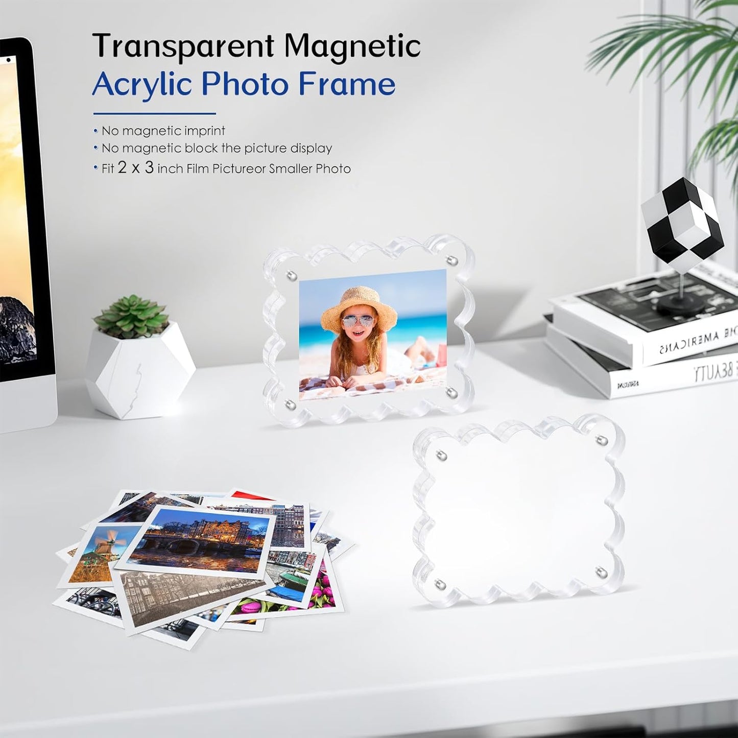 2Pack Magnetic Acrylic Picture Frames 2×3 Inch - Scalloped Glass Frame with 10+10mm Thick Block, Double Sided Clear Frames for Desktop Display | Trendy Home Gift (2 Pack, 2×3)