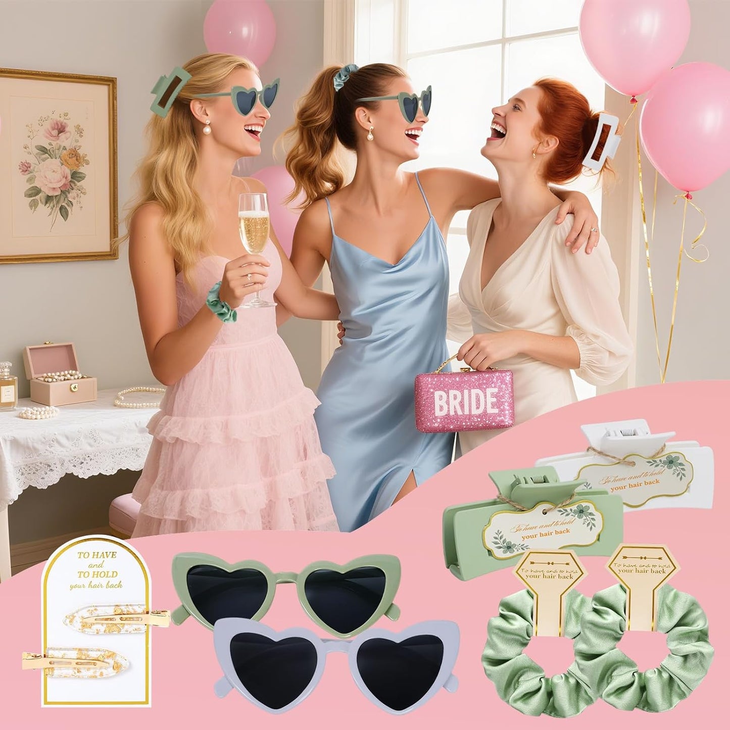 Sage Green Bridesmaid Gifts for Proposal, 6PCS Girls Gift Set with Hair Claws, Scrunchies, Makeup Clips & Heart Sunglasses, Wedding Bachelorette Party Favors, Birthday Gifts for Women Teens