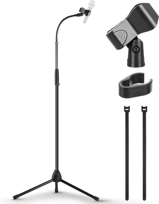 Pyle Tripod Mic Stand, Adjustable Gooseneck Microphone Stand, Sturdy Build, Non-Slip Rubber Feet, Folds Flat for Compact Storage, Includes Mic Clip & 5/8" Adapter, 52.36" to 79.13" Inch