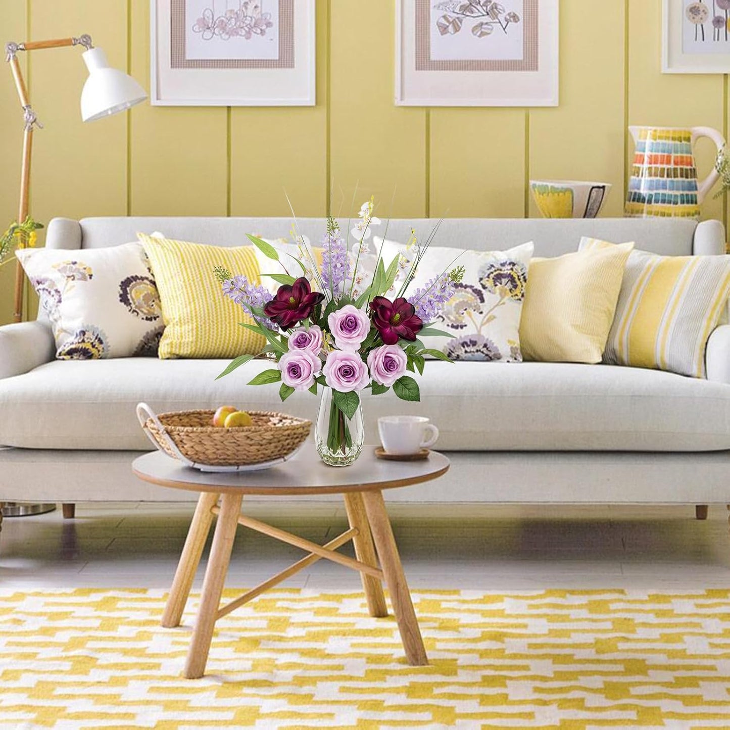 Briful Large Artificial Flowers Floral Arrangement, Mixed Purple Rose, Lilacs, White Orchids Potted Fake Silk Flowers in Clear Vase with Faux Water, Eucalyptus Stem Decor, Elegant Home Office Décor