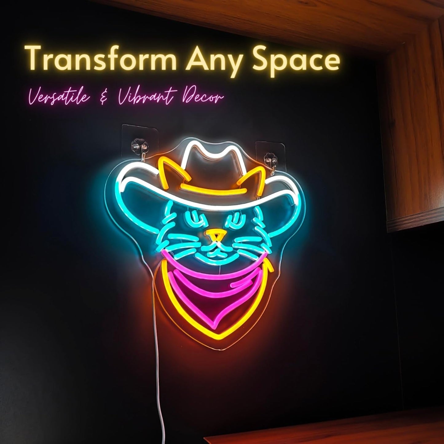 Cowboy Cat Neon Sign - Adjustable Dimmable LED Neon Light, 13.8"x13.7", Premium Quality, Vibrant Home Decor