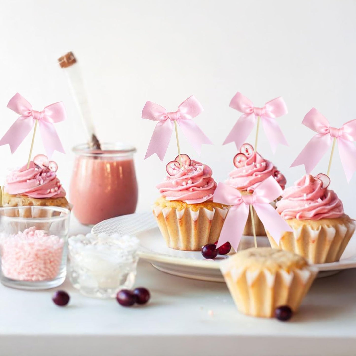 Ephlyn 24Pcs Pink Bow Cupcake Toppers Bow Cake Topper Birthday Decorations Mini Bowknot Cupcake Picks for Coquette Theme Party Decoration Bachelorette Bridal Engagement Wedding Party Pink