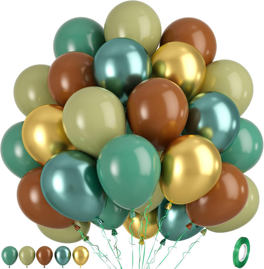 Green Brown Gold Balloons, 50PCS Green and Brown Balloons, Sage Metallic Gold Coffee Balloon for Birthday Baby Shower Safari Jungle Nature Forest Theme Party Wedding Bachelorette Decorations