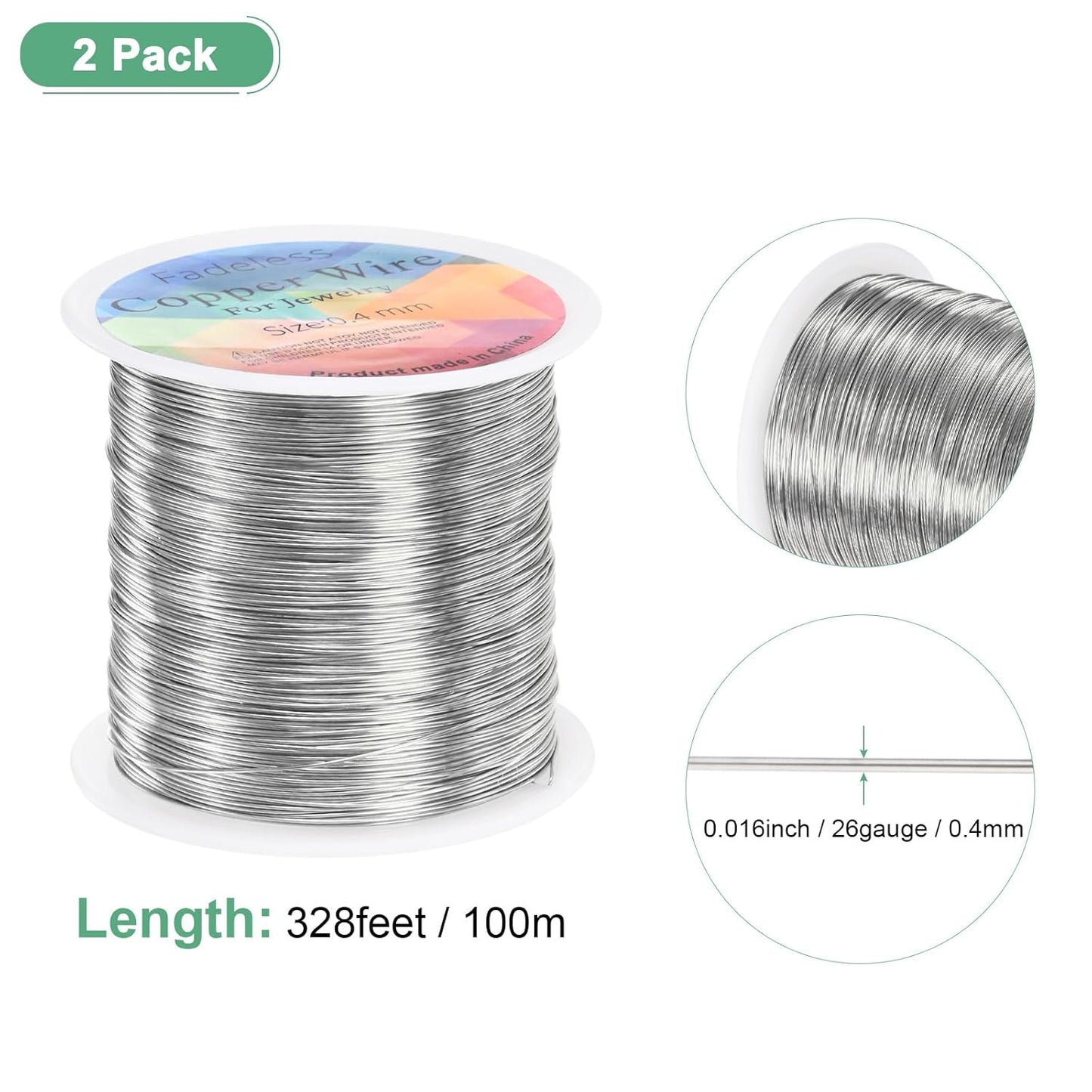2-Rolls 0.4mm Jewelry Wire, 26 Gauge 328FT Craft Wire Copper Beading Wire for Jewelry Making/Planting/Weaving/DIY Crafting, Soft Metal Wires [100M, Silver White]
