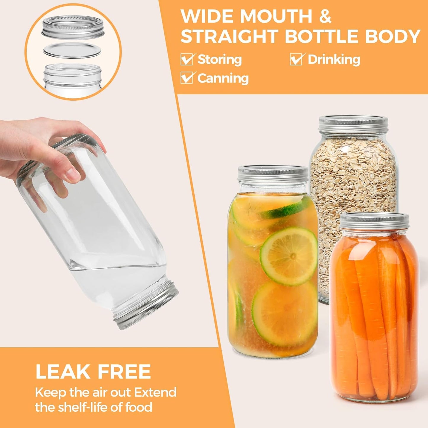 ComSaf Large Mason Jars 64oz Half Gallon 3 Pack, Wide Mouth Mason Jars with Lids and Seal Bands, Glass Canning Jars for Pickling, Jam, Jelly, Salad, Desert, Shower Wedding Favors