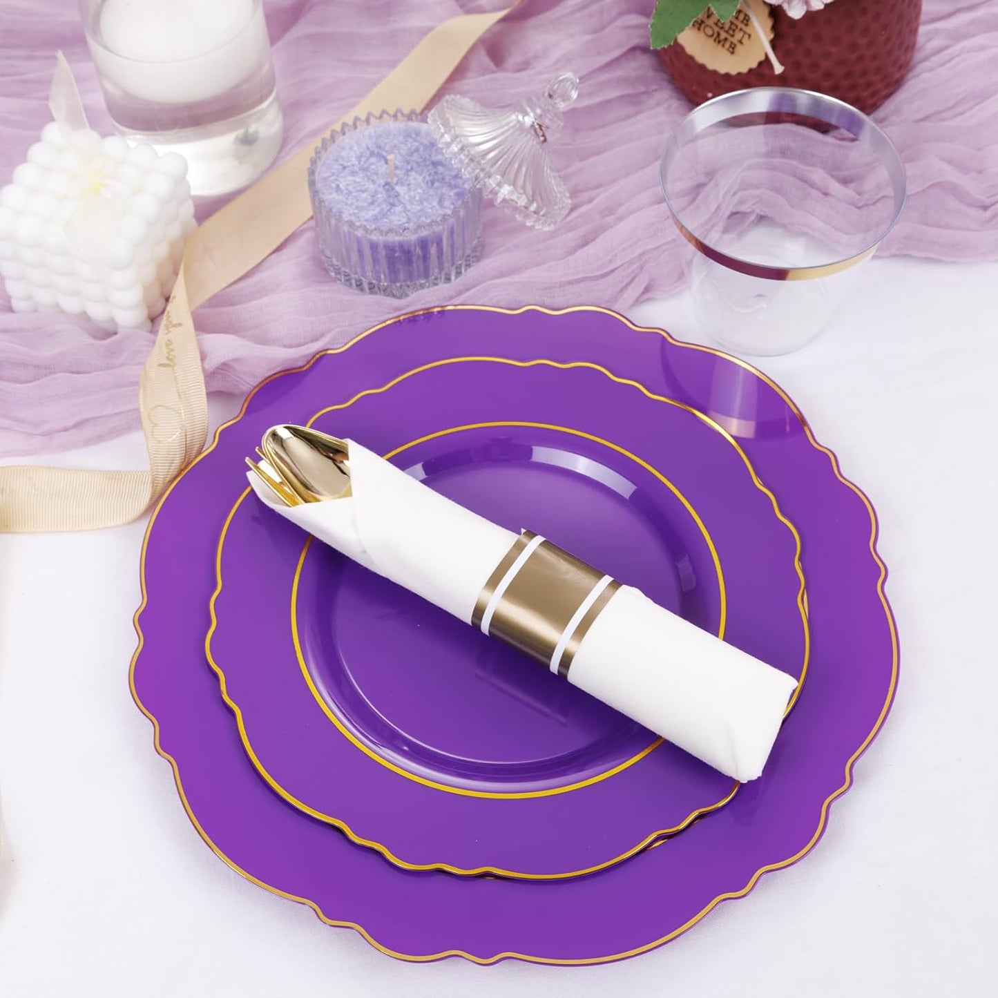 Liacere 350PCS Purple Plastic Plates-Disposable Purple and Gold Plates 50 guest Baroque Plastic Dinnerware include 100Plates,50Pack Pre Rolled Napkins with Silverware 50Cups for Halloween