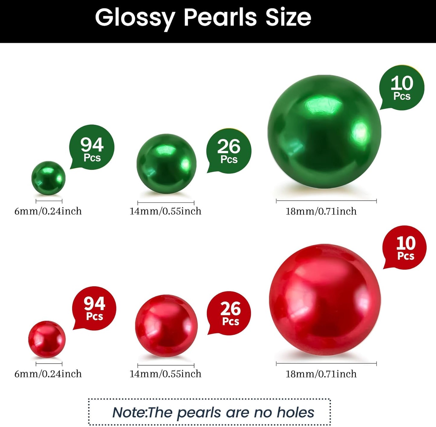 260Pcs Red&Green Glossy Beads for Centerpiece Decor, Artifical Pearls Vase Filler, No Hole Round Pearl Beads for Wedding Birthday Christmas Party Home Decor(18mm 14mm 6mm)