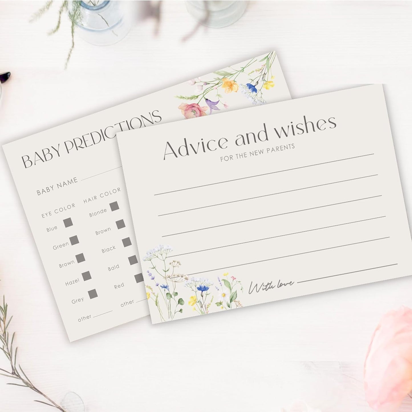Advice For New Parents Baby Shower, Baby Predictions & Advice Cards For Baby Shower Games Activities, Wishes for Baby, 25 Double-Sided Thick Cards – Flower A08