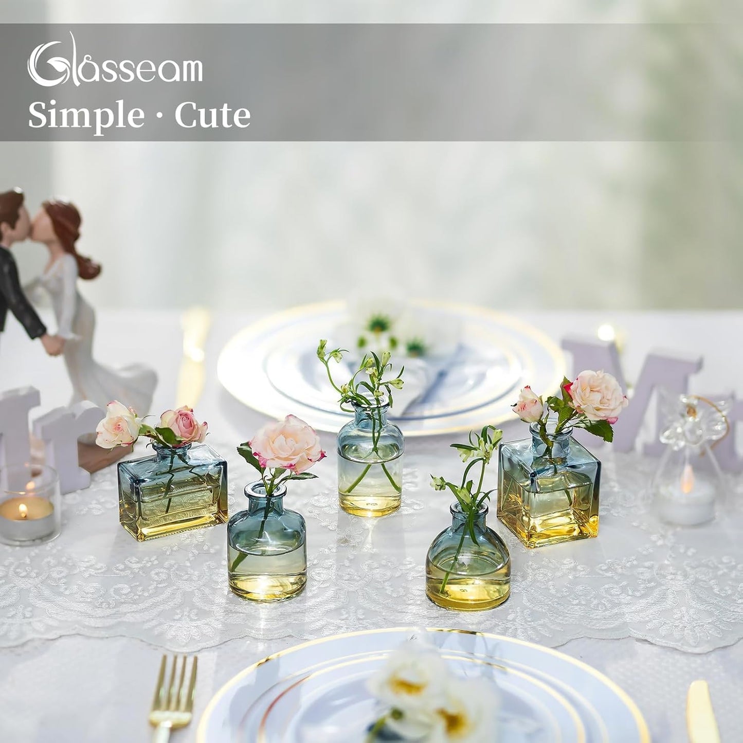 Glasseam Mini Bud Vases for Centerpieces: Clear Small Flower Vase Set of 20 Cute Tiny Glass Table Centerpieces Modern Wedding Birthday Party Baby Shower Dining Room Decoration Yellow Blue