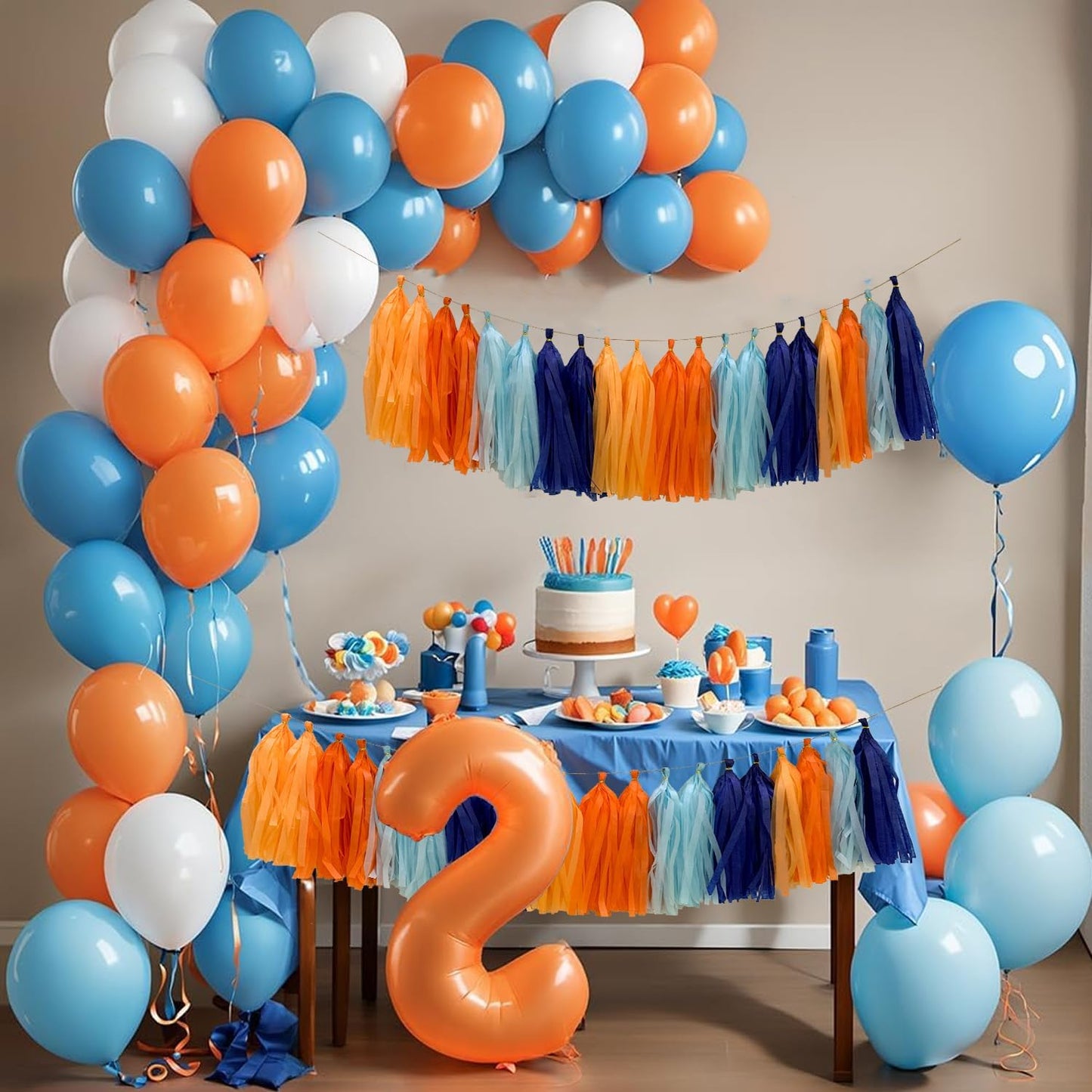 Blue and Orange Tissue Paper Tassel Garland,Tissue Tassel Banner for Party Decorations,Pack of 20