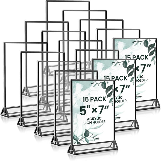 15 Pack Acrylic Sign Holder 5x7, Wedding Black Frame Table Number Holders Vertical, Clear Picture Frames Flyer Stands Tables Menu Holder, Double Photo Paper Display Holder for Party, Home, Office