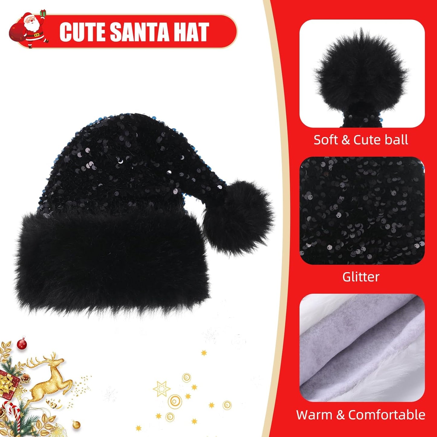 Personalized Sequin Santa Hat for Adults, Red Glitter Christmas Party Hat, Xmas Halloween New Year Holiday Headwear