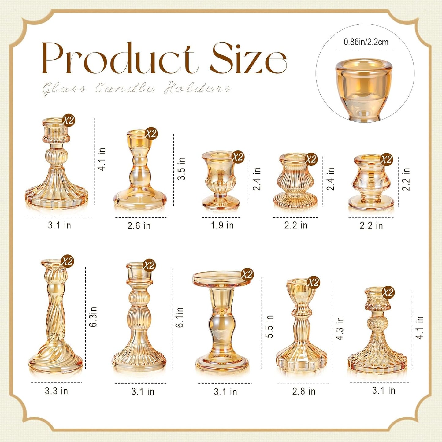 Mumufy 10 Pcs Glass Crystal Taper Candle Holders Clear Glass Candlestick Holder Fit 0.8 Inch Candles Crystal Decorative Candle Stand Centerpiece Table Wedding Dining Party (Classic,Gold)