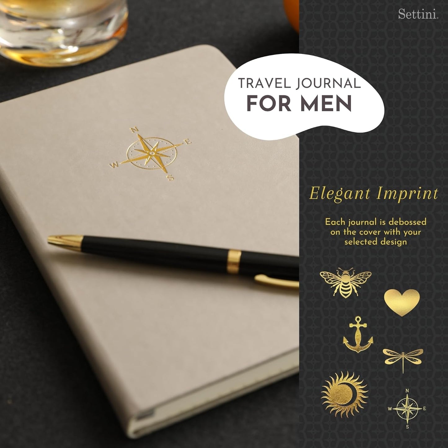 SETTINI Lined Journal, Ideal for Journaling - A5 Vegan Leather Notebook, 192 Archival-Quality Pages, QuillEase Bleed-Free Paper, Inner Pocket & Bookmark - Travel Journal for Men & Women, Grey Compass