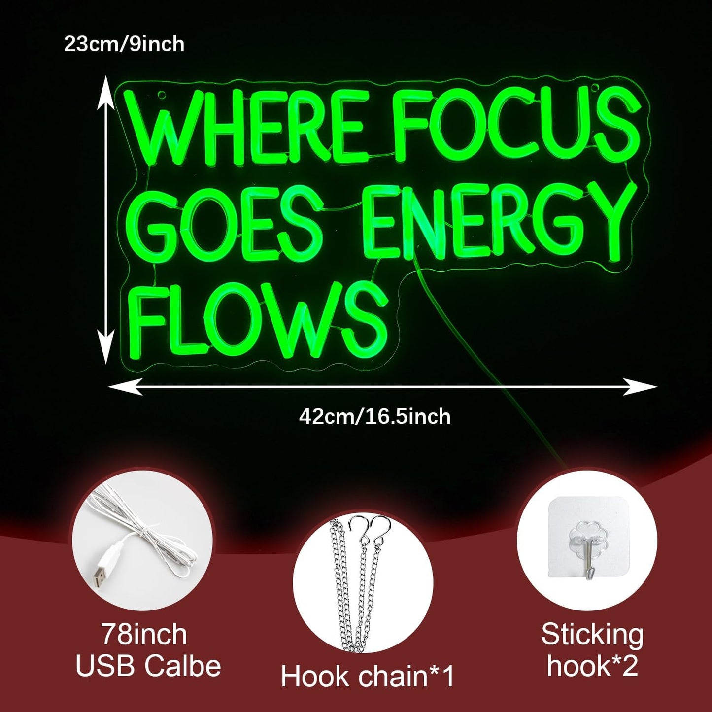 Where Focus Goes Energy Flows Neon Sign 16.5 * 9.1In Dimmale Green Light Up Sign for Wall Decor Led Words Neon Light for Bedroom Party Bar Personzalized Gift (USB Powered)