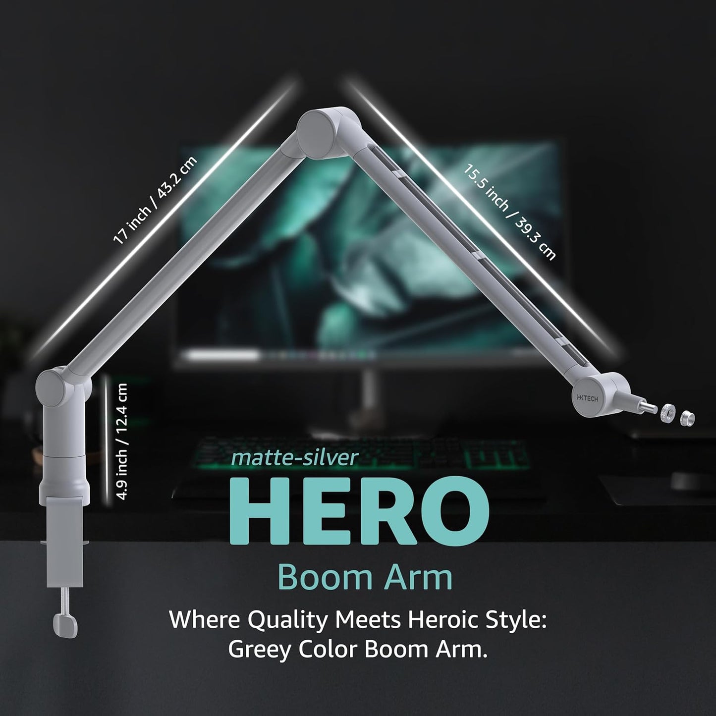 IXTECH Boom Arm - Adjustable 360° Rotatable Microphone Sturdy Stainless Steel Mic Desk, Table Stand Foldable Scissor Stable Mount Arms for Radio Studio, Podcast, Gaming (MATTE SILVER)