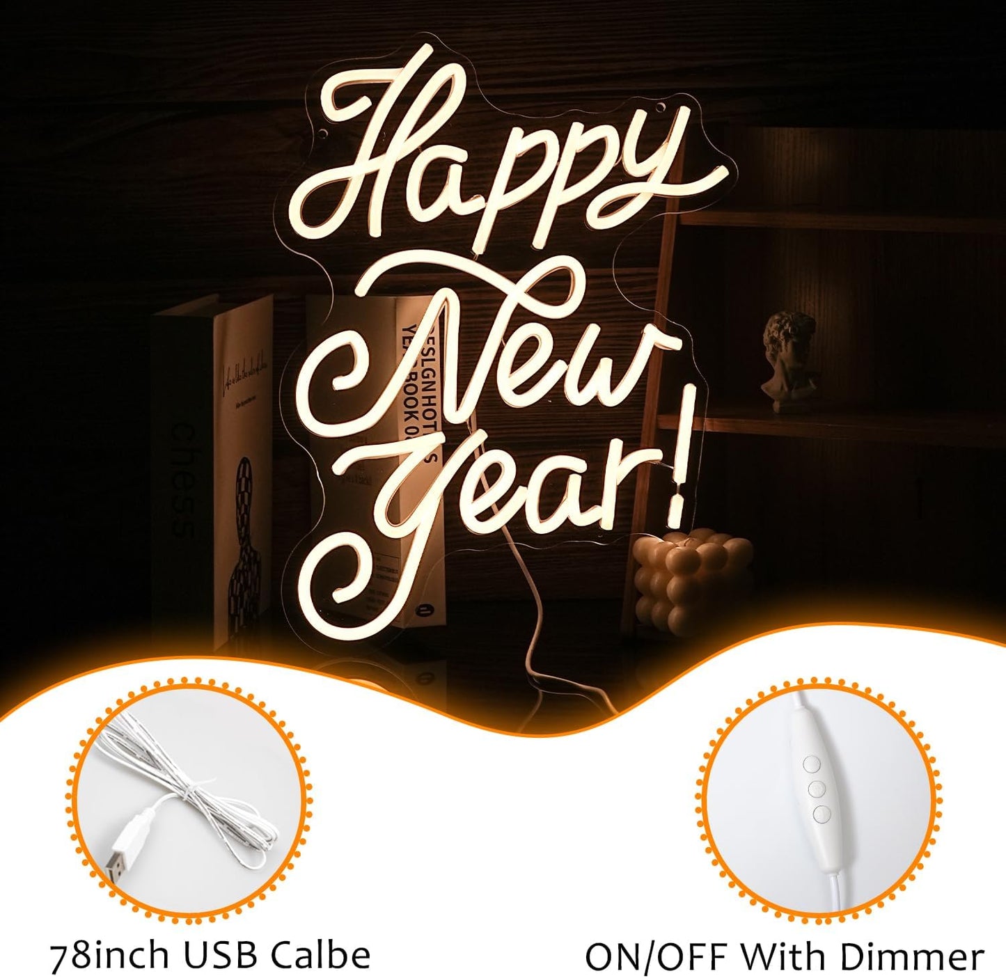 Happy New Year Neon Sign Warm White Led Neon Lights for Wall Decor Usb New Year Light Up Signs for New Year Party Decor Home Bedroom Indoor Decorations