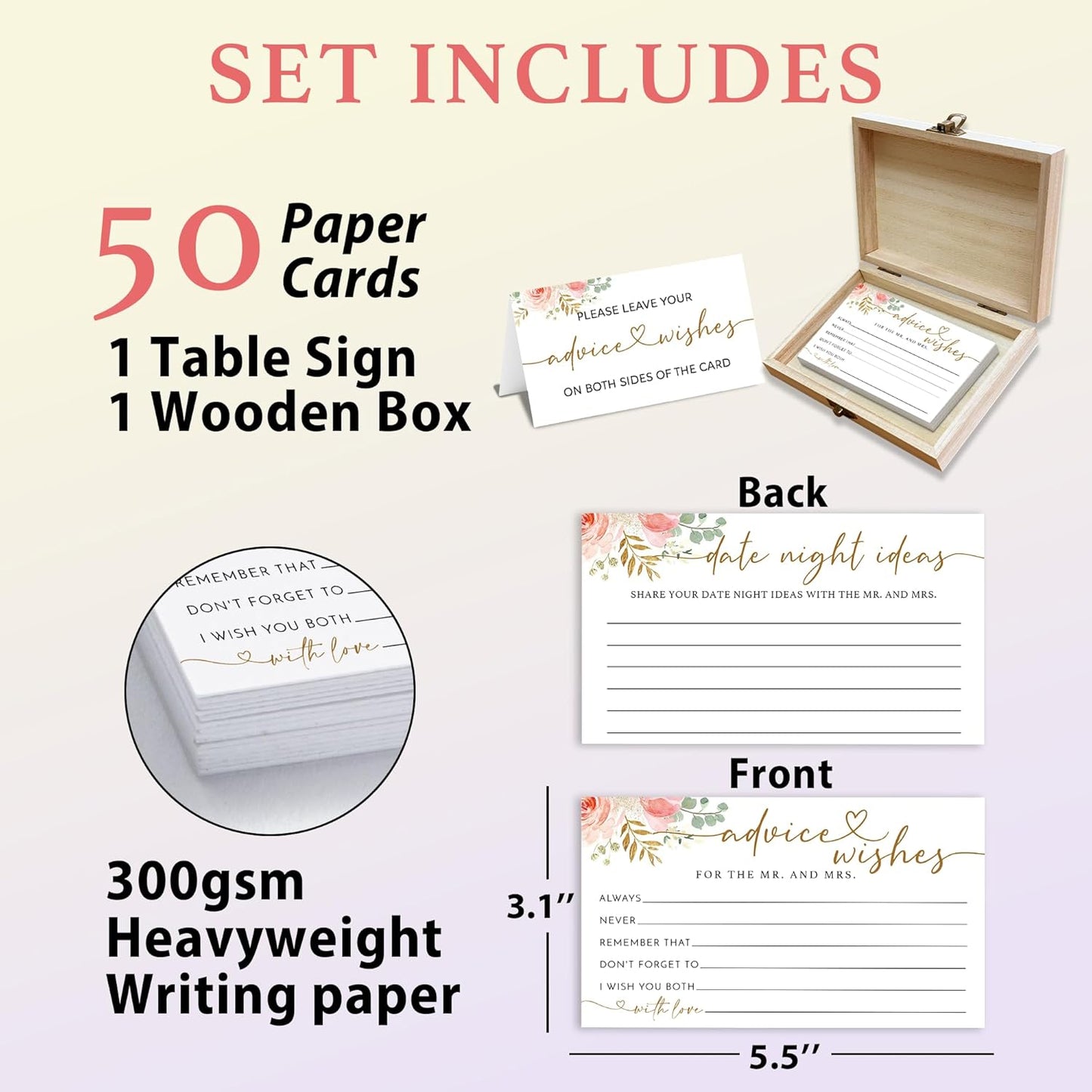 Rose Gold Advice and Wishes for the Mr and Mrs - 50 Packs Wedding Advice Cards Bridal Shower Game Cards with Box Reception Guest Book for Bride Groom Newlywed Engagement Party Decoration -A09